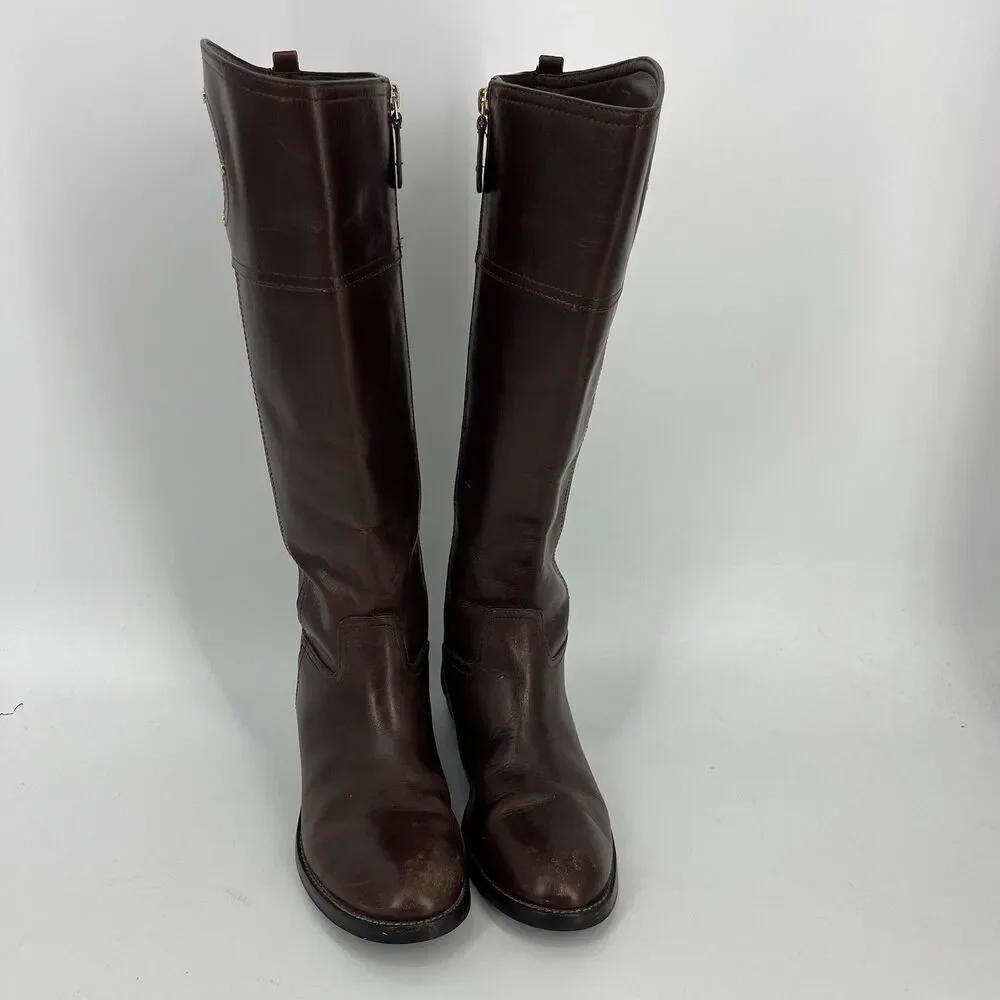 Tory Burch Kiernan Boots Size 7.5 Womens Brown Western Leather Riding Gold Logo